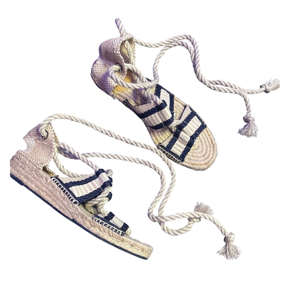 Castañer Espadrille Lace Up Flat Sandals Navy Beige Striped US 8.5 EU 39